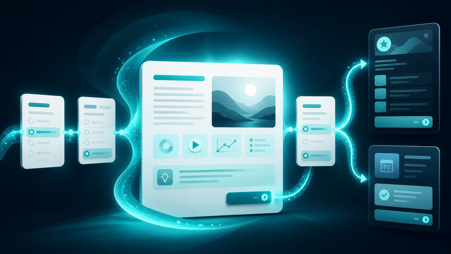 A connected decision journey pausing at a rich content page before branching into relevant next steps
