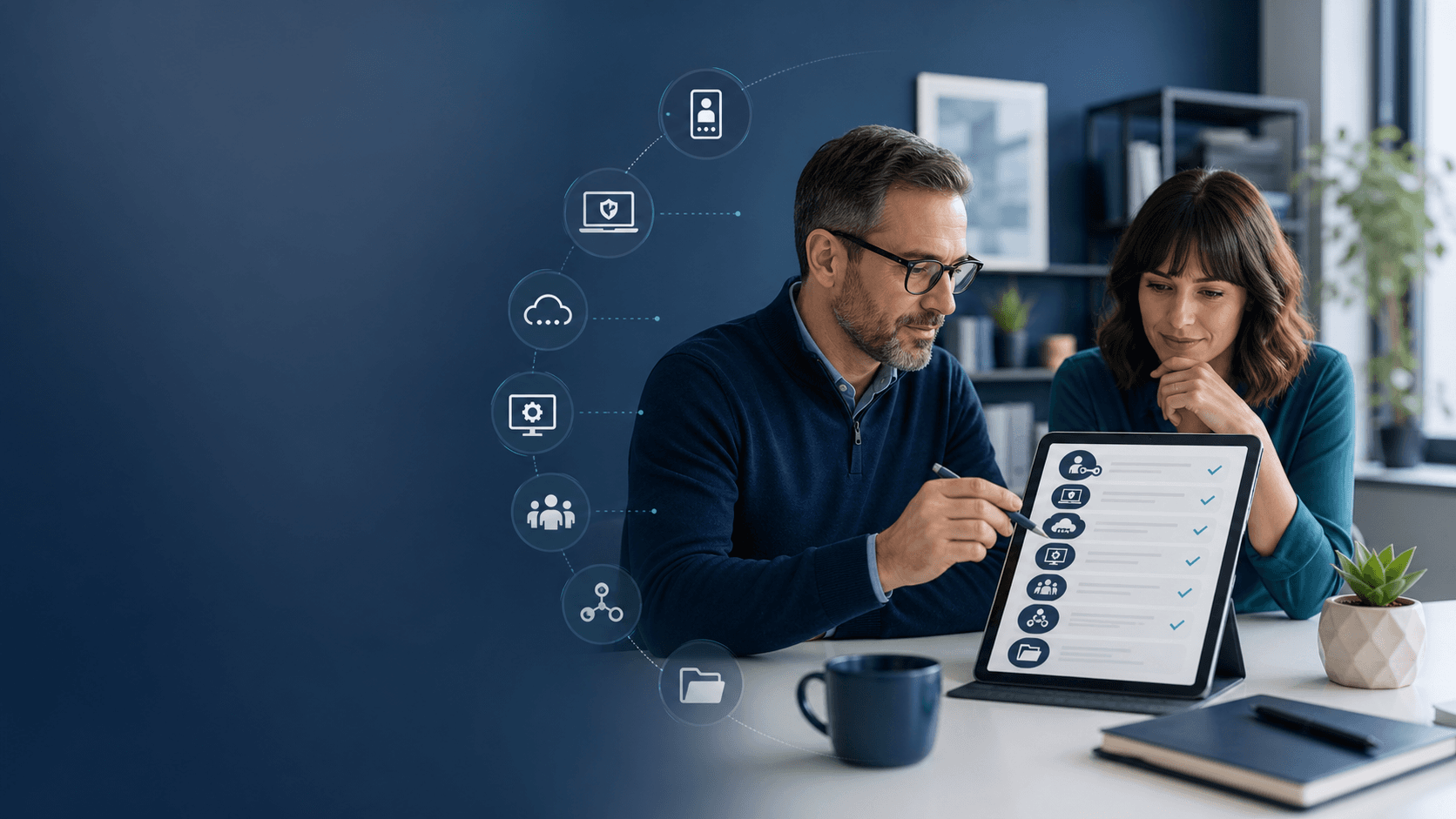 A small-business owner and security advisor reviewing a cyber insurance readiness checklist