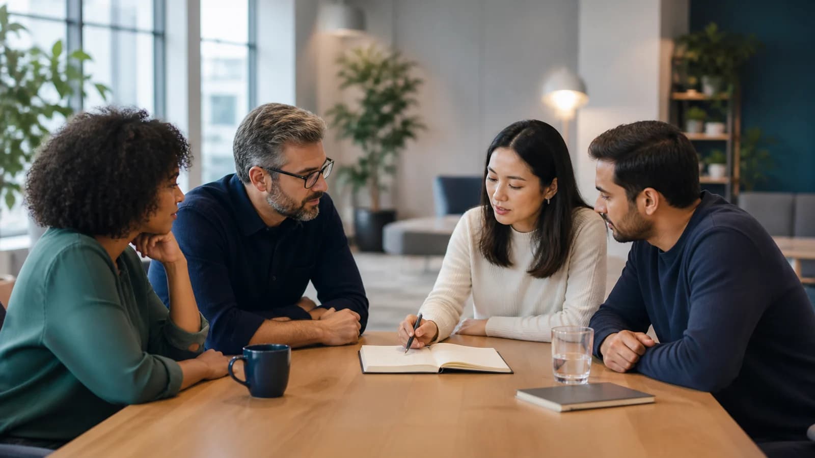 Four colleagues listening and discussing workplace feedback together around a table