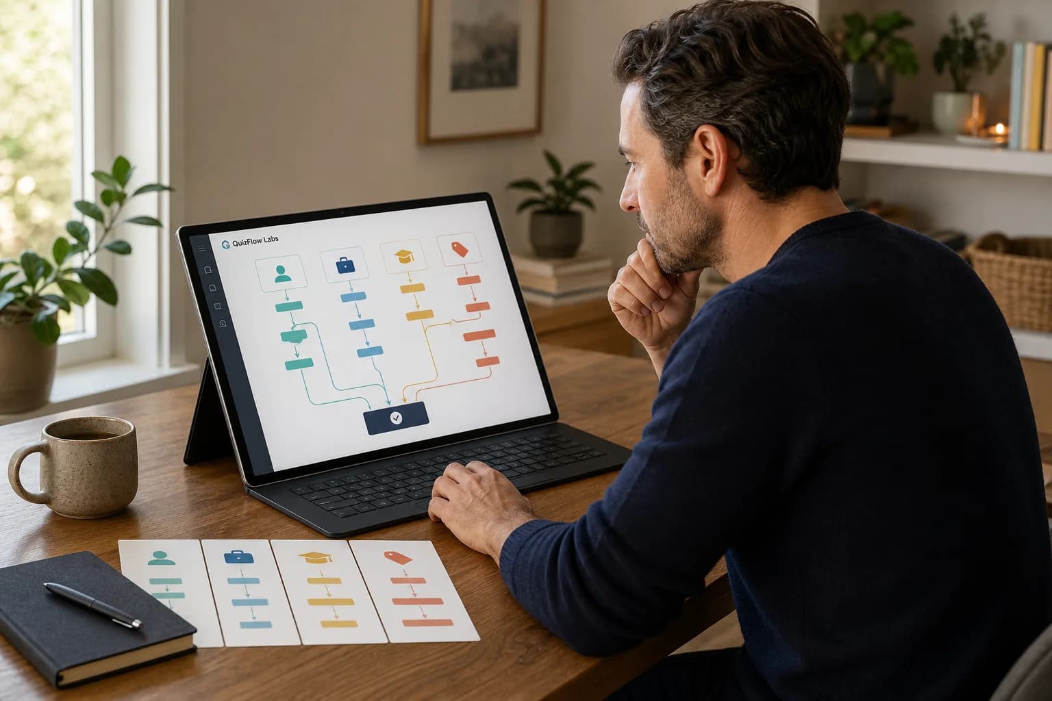 A strategist reviewing four organized intent paths that converge on a shared outcome in a QuizFlow Labs flow builder