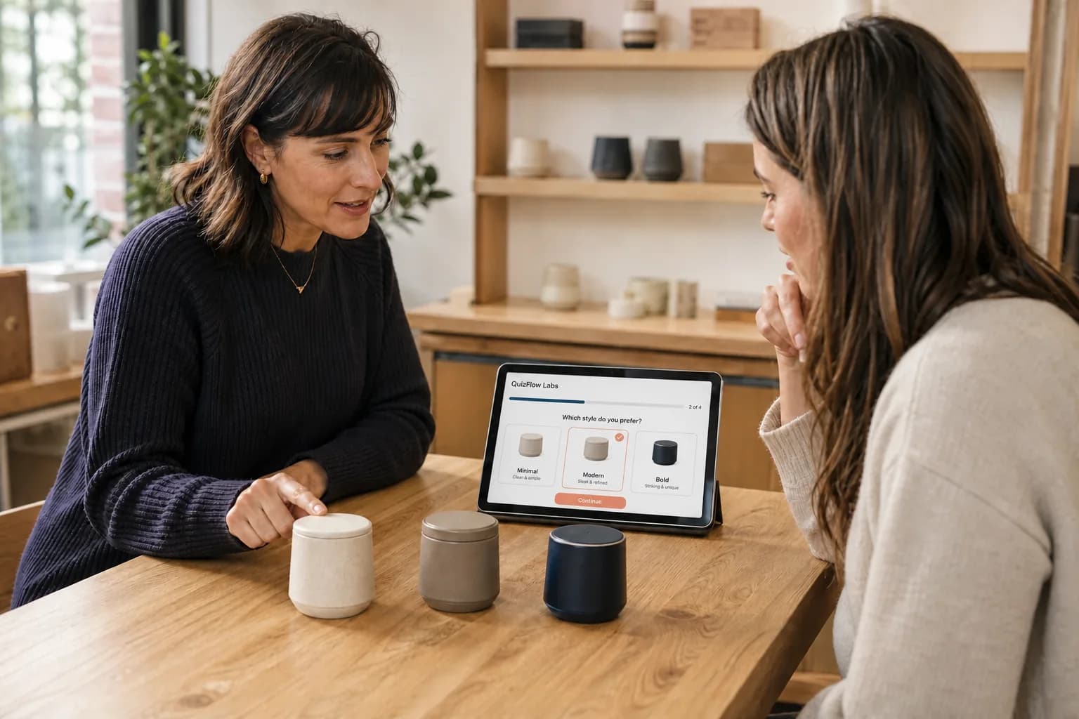 A product advisor helping a customer compare three options with a guided recommendation shown on a tablet
