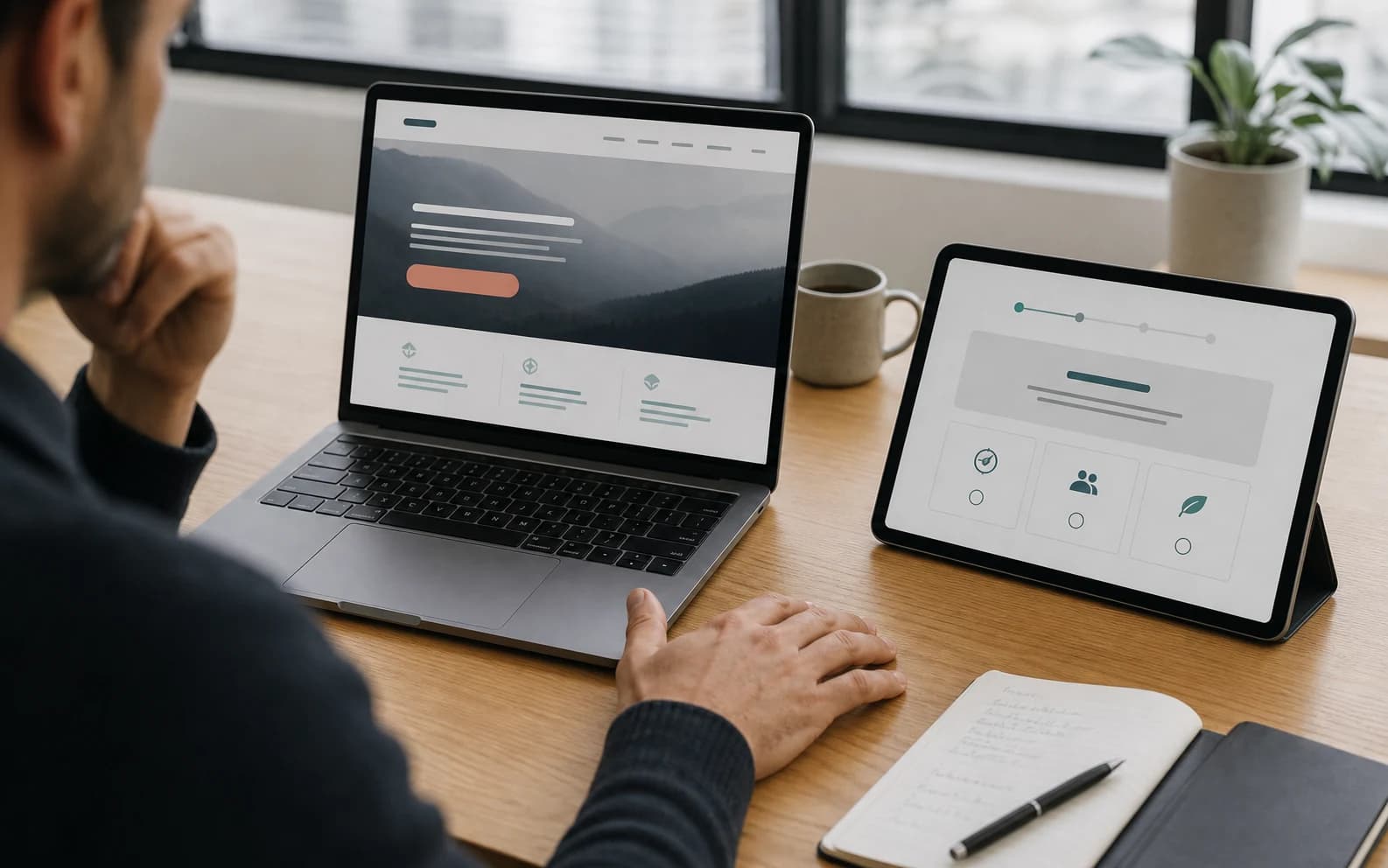 A strategist comparing a clear landing page on a laptop with a guided decision flow on a tablet