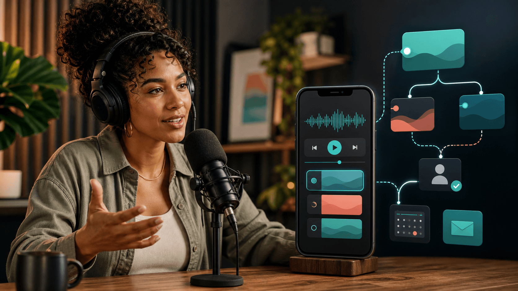 A podcaster recording beside an interactive mobile audio journey that branches toward personalized next actions