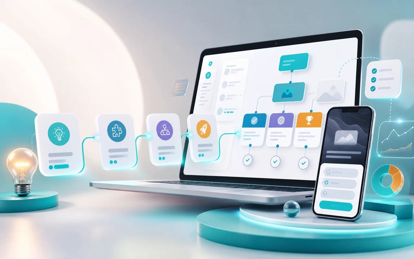 A polished QuizFlow Labs visual showing quiz funnel cards, a laptop, a mobile quiz preview, and analytics elements.