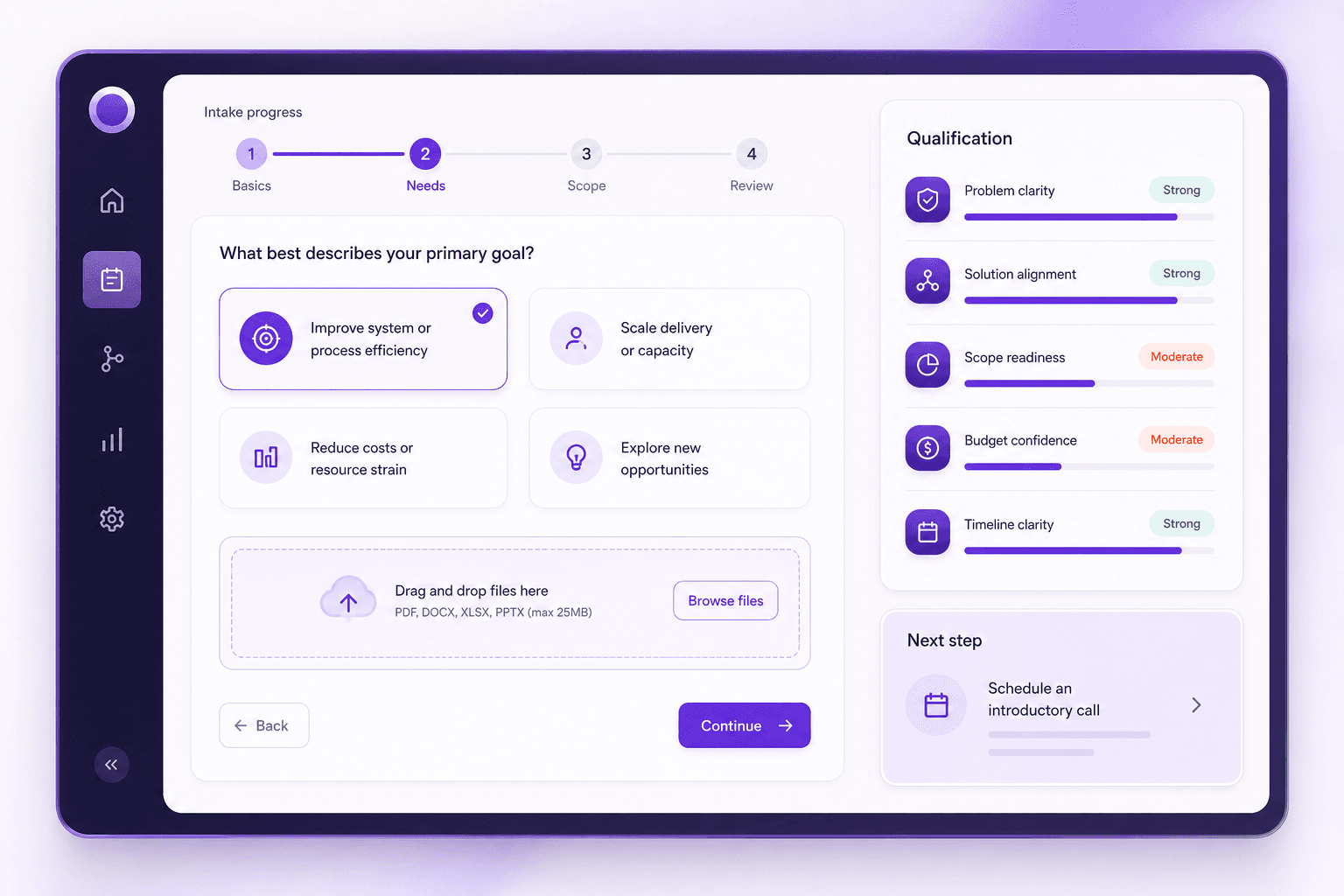 Purple guided intake and qualification experience with file upload, fit signals, and next-step routing