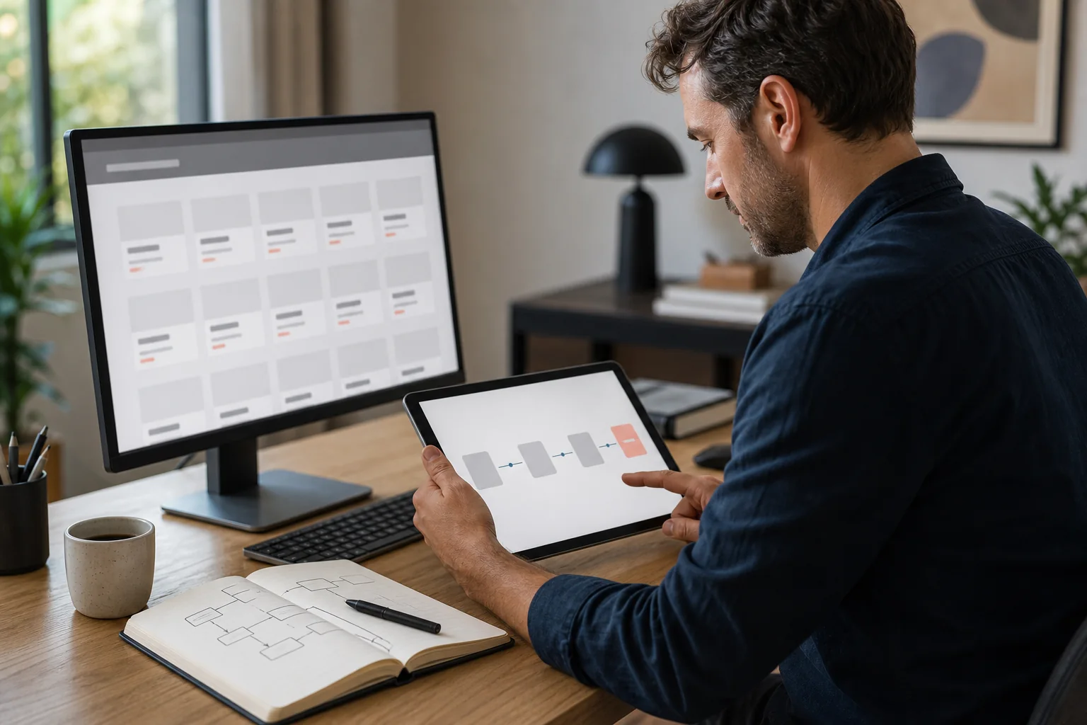 A strategist comparing a website full of static choices with a clear guided decision flow on a tablet