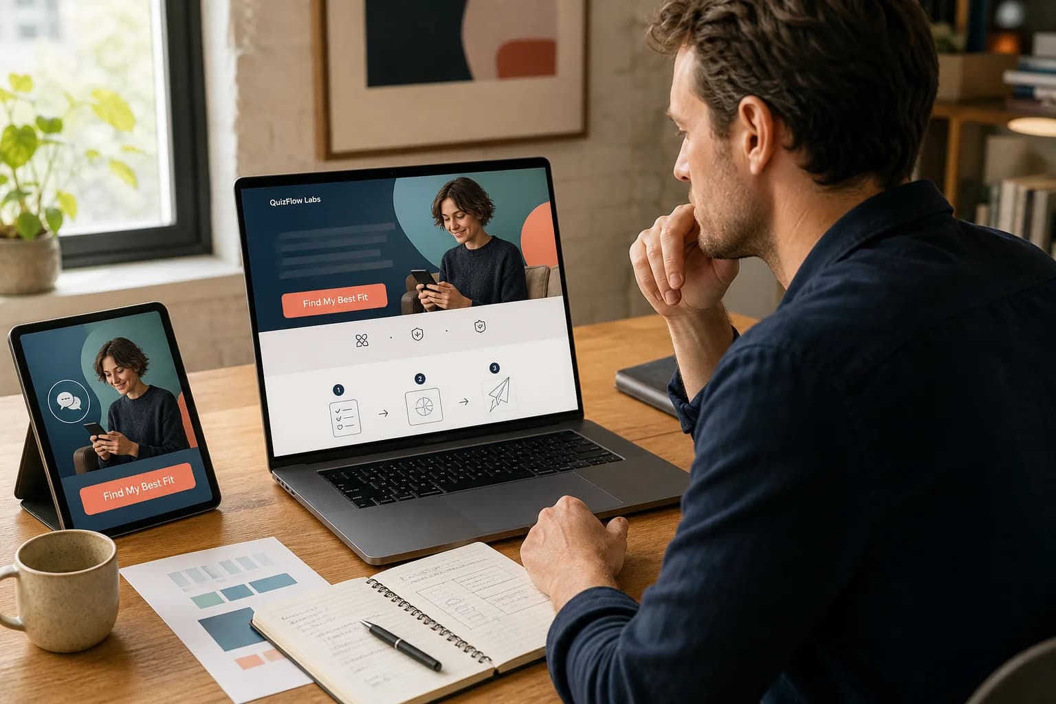 A strategist comparing a matched campaign and QuizFlow Labs landing page with one clear call to action