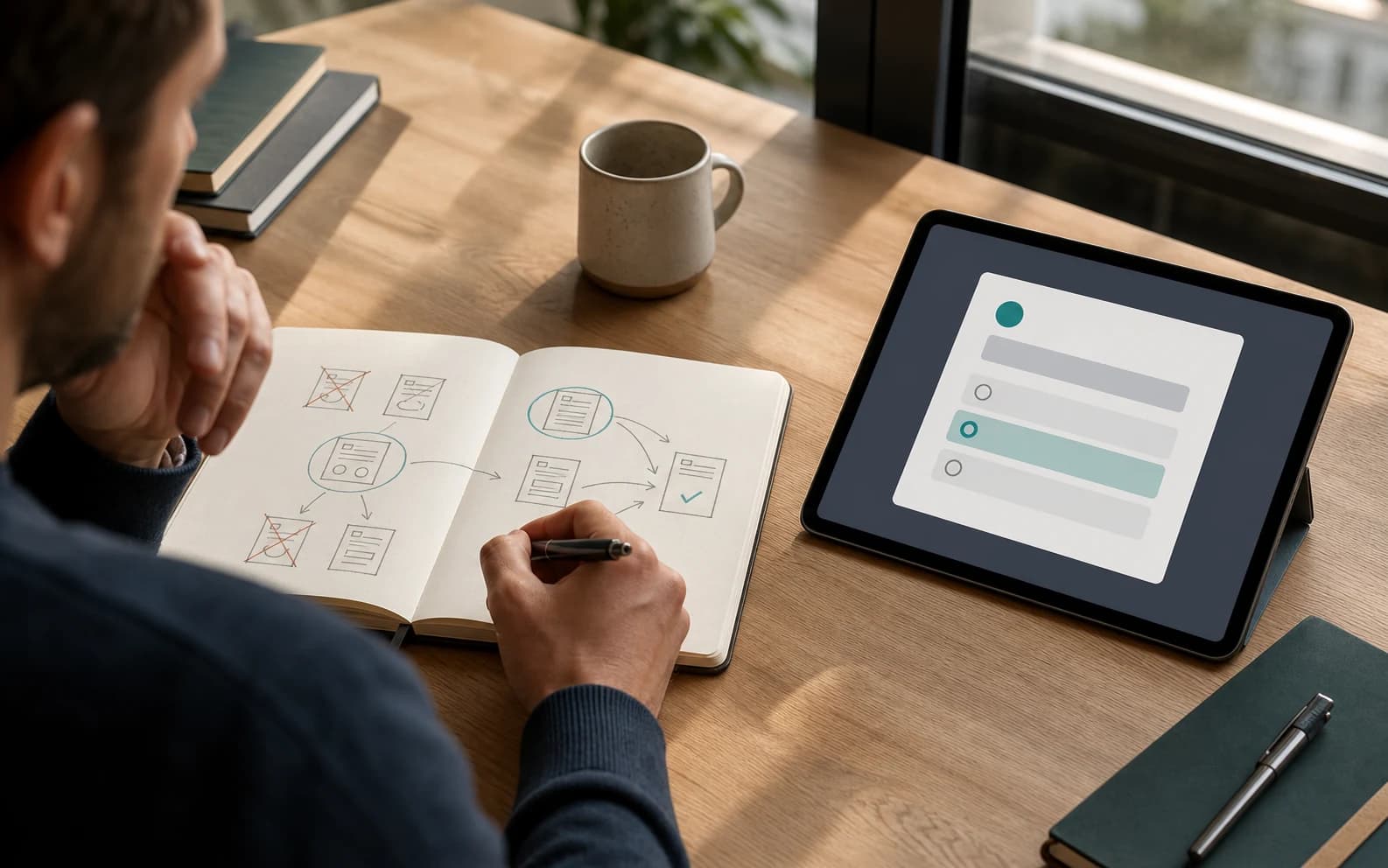 A strategist selecting useful quiz questions in a decision map beside a guided quiz on a tablet