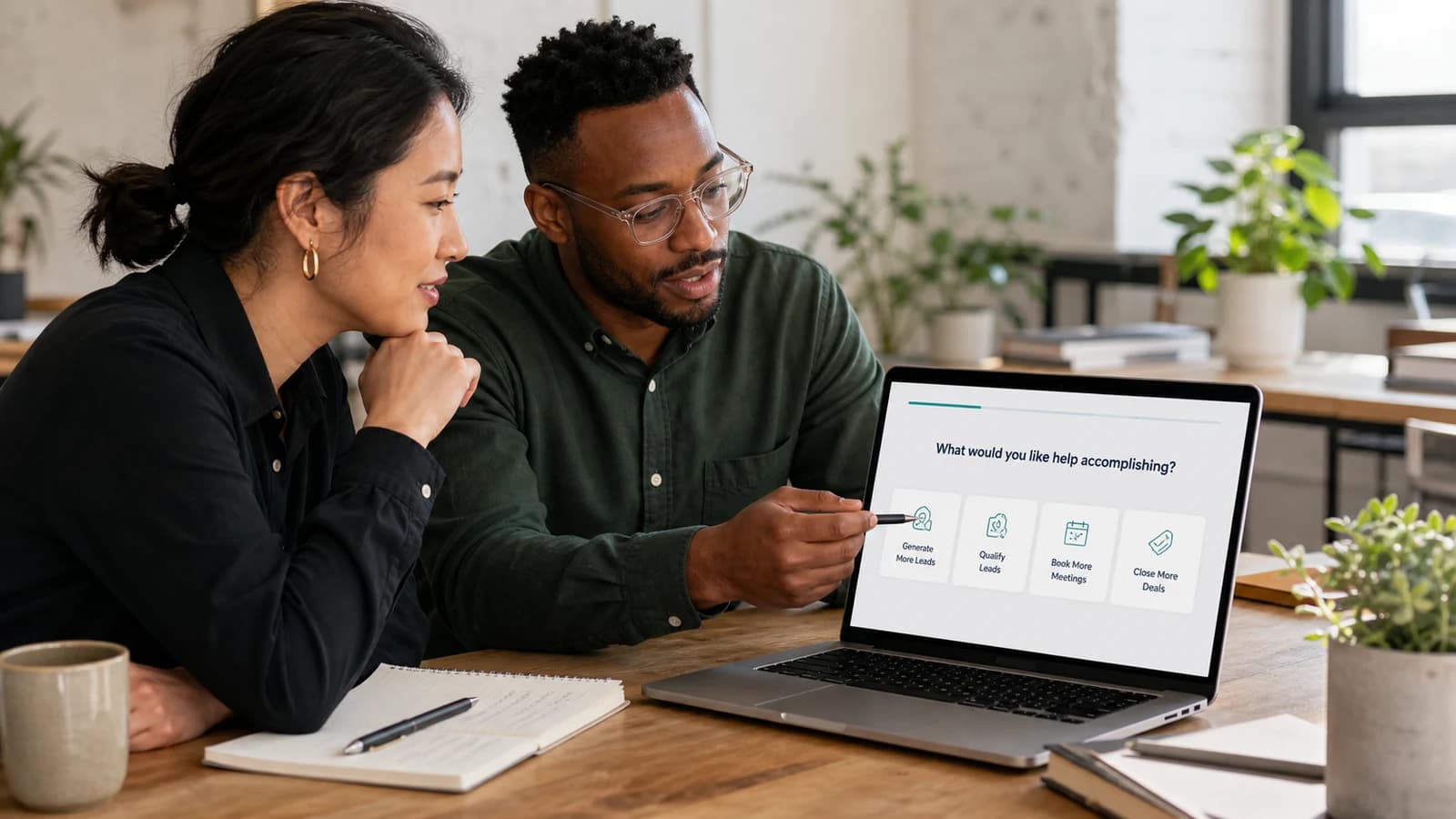 A small business team reviewing a guided lead qualification flow on a laptop
