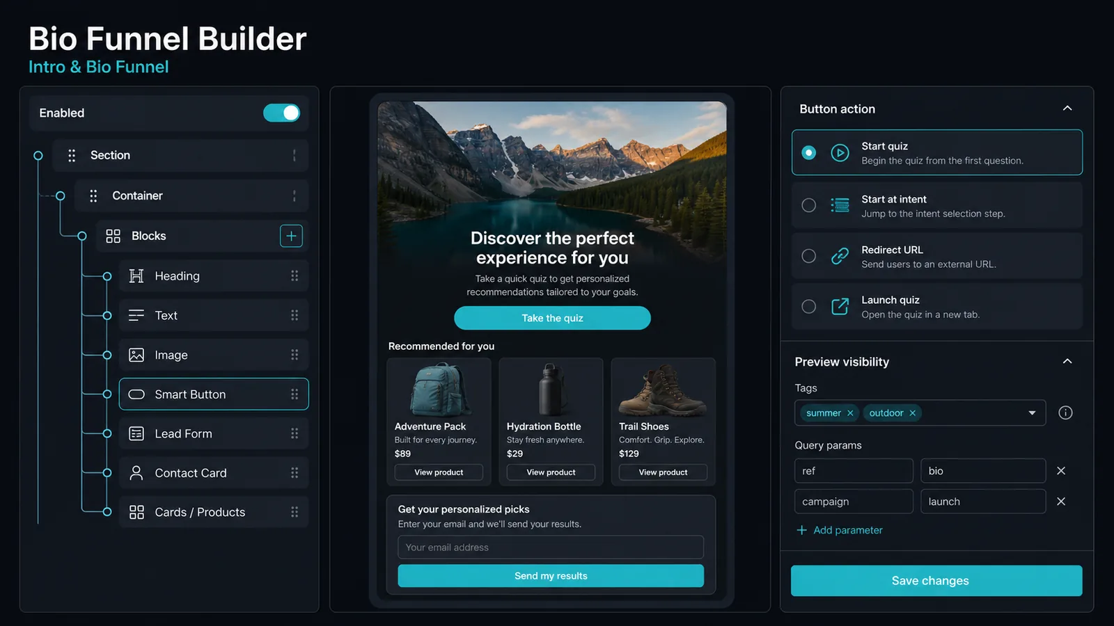 Dark-mode QuizFlow Labs Bio Funnel Builder with blocks, live preview, and action settings