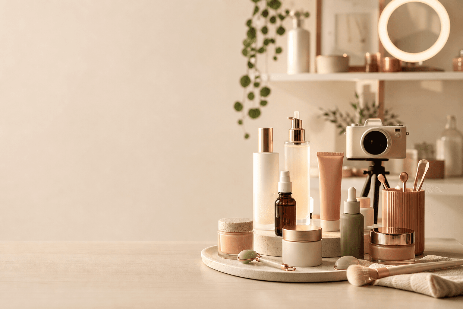 Beauty creator template artwork with skincare products and a camera on a warm-toned vanity