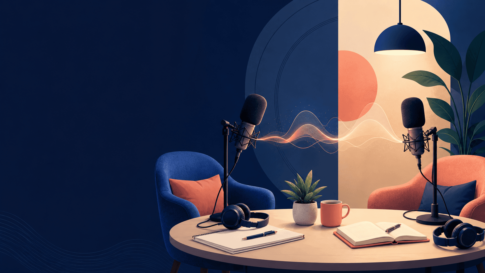 Podcaster template artwork showing a recording table with two microphones