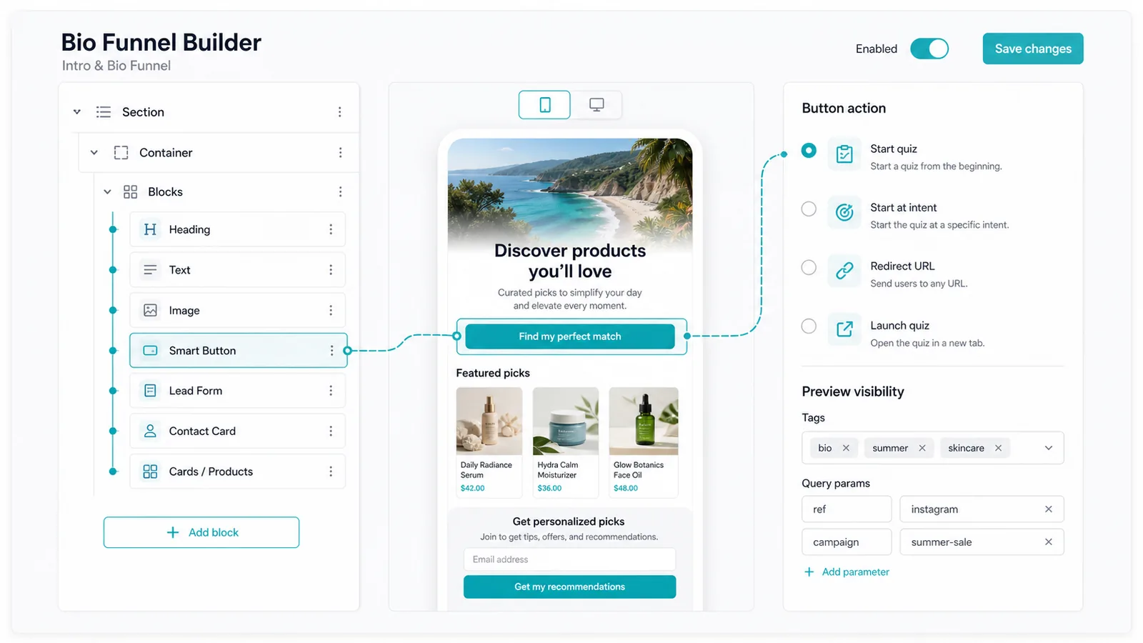 Bio Funnel Builder interface showing sections, containers, content blocks, button actions, and preview visibility controls