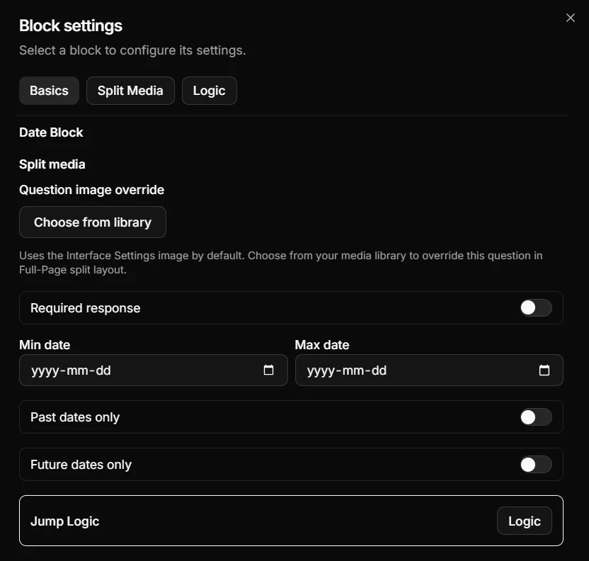 Date Picker block settings panel showing required response, min date, max date, past dates only, future dates only, and Jump Logic.