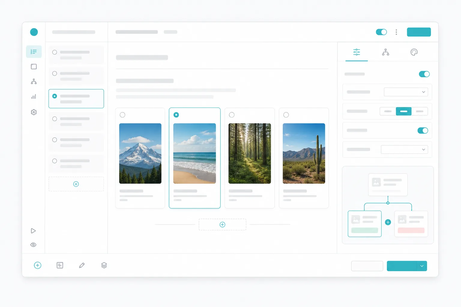 Product-style UI mockup of an image choice quiz with visual multiple choice cards, a selected image option, settings controls, and branching flow cues.