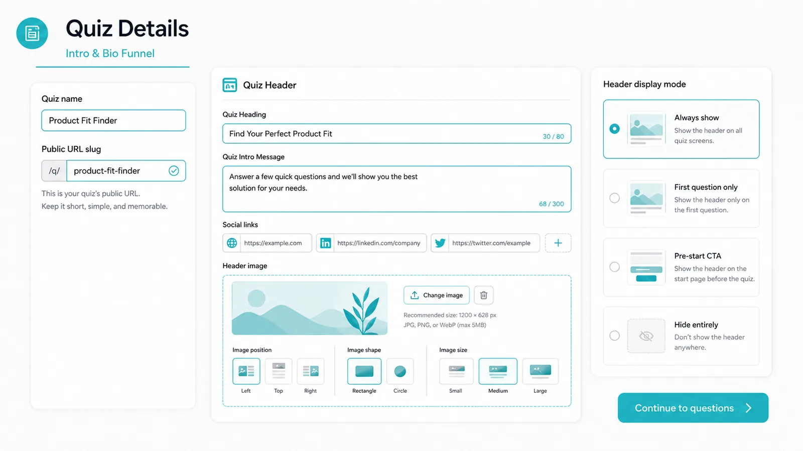 QuizFlow Labs Introduction and Flow Details screen showing the flow name, public URL slug, introduction fields, social links, header image controls, and header display options.