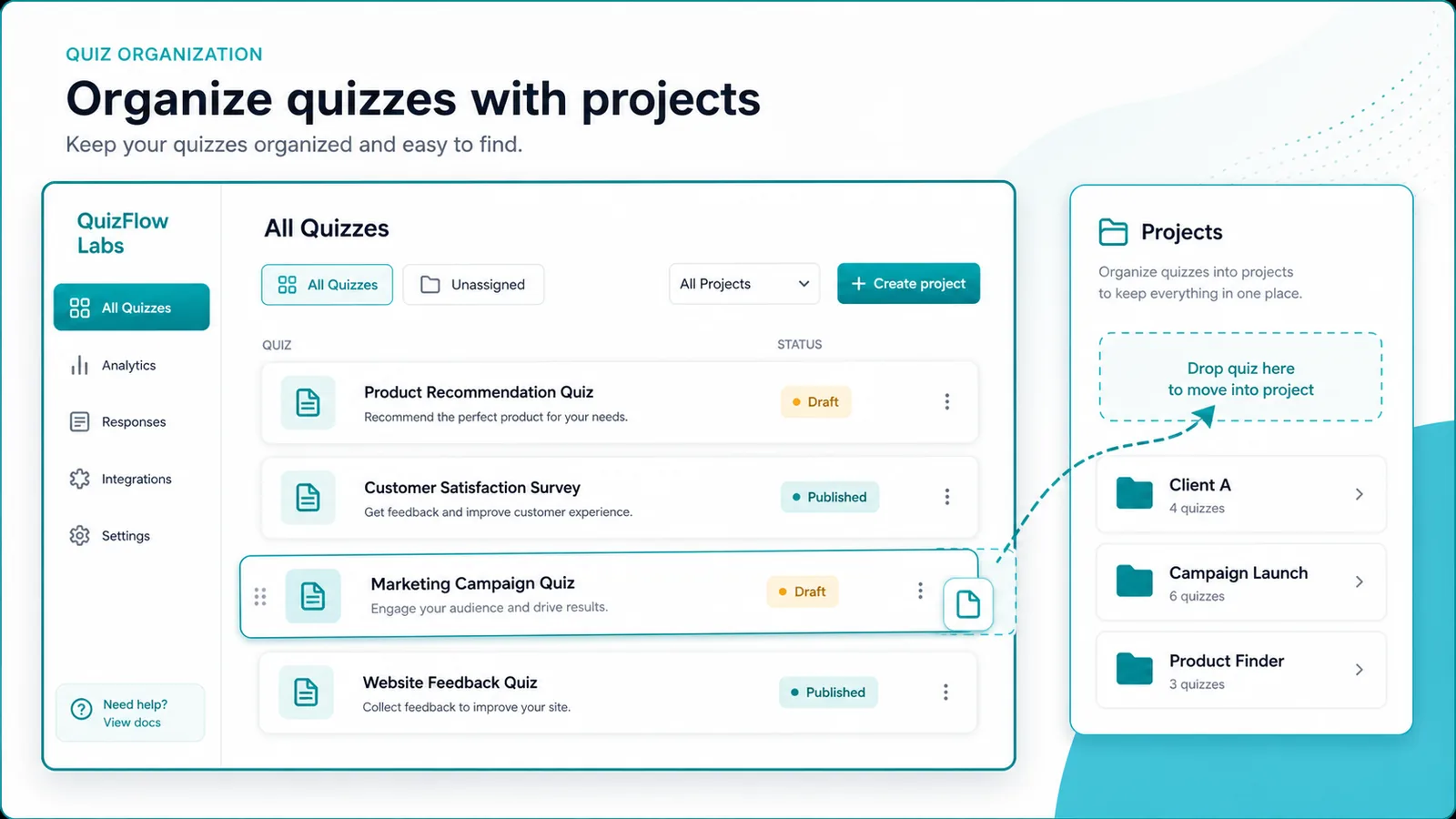 QuizFlow Labs dashboard illustration showing All Flows, Unassigned, project folders, draft and published statuses, and project organization controls.